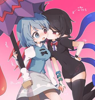  2girls @_@ asymmetrical_wings black_dress black_hair black_thighhighs blue_eyes blue_hair blue_vest blue_wings bow bowtie breasts commentary_request dress grey_skirt heterochromia highres houjuu_nue juliet_sleeves karakasa_obake kiwi_(x_x915) korean_text long_sleeves medium_breasts multiple_girls open_mouth pink_background pointy_ears puffy_sleeves purple_umbrella red_bow red_bowtie red_eyes red_wings shirt short_dress short_hair short_sleeves skirt small_breasts snake tatara_kogasa thighhighs tomoe_(symbol) tongue touhou umbrella vest white_shirt wings wristband yuri 