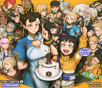  6+boys 6+girls a.k.i._(street_fighter) akuma_(street_fighter) anniversary artist_name beard blanka blanka-chan cake cammy_white capcom china_dress chinese_clothes chun-li commentary copyright_name dark-skinned_female dark-skinned_male dark_skin dated dee_jay dress e._honda ed_(street_fighter) english_commentary english_text everyone eyewear_on_head facial_hair food guile han_juri headband hershuar jamie_siu jp_(street_fighter) ken_masters kimberly_jackson li-fen lily_hawk looking_at_viewer luke_sullivan manon_legrand marisa_(street_fighter) mother_and_daughter multiple_boys multiple_girls o3o ryu_(street_fighter) scar scar_on_face speech_bubble street_fighter street_fighter_6 thumbs_up twitter_username zangief 
