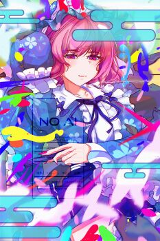  absurdres artist_name blue_hat blue_kimono bug butterfly cherry_blossoms folding_fan frilled_kimono frills ghost hand_fan hat highres hirwannew hitodama holding holding_sword holding_weapon insect japanese_clothes kimono konpaku_youmu konpaku_youmu_(ghost) mob_cap perfect_cherry_blossom pink_eyes pink_hair saigyouji_yuyuko saigyouji_yuyuko's_fan_design signature sleeve_garter sword touhou triangular_headpiece weapon 