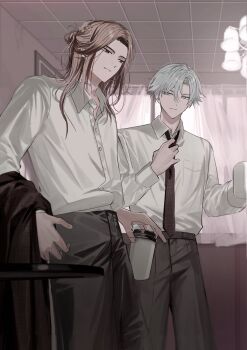  18trip 22kolink 2boys black_necktie black_pants blonde_hair character_request closed_mouth collared_shirt commentary_request cup curtains grey_hair hair_between_eyes highres holding holding_cup indoors long_hair male_focus multiple_boys necktie oguro_kafka pants parted_bangs shirt smile standing white_shirt window 
