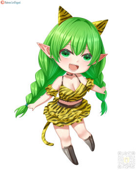  1girl :d absurdres animal_ears animal_print bare_shoulders boots braid breasts chibi choker cleavage commission commissioner_upload cosplay elf euphemy_sylvaine fake_animal_ears full_body green_eyes green_hair hair_between_eyes highres horns large_breasts long_hair looking_at_viewer lori_hagami lum lum_(cosplay) official_art open_mouth pointy_ears print_skirt qr_code simple_background skirt smile solo tail tiger_ears tiger_print tiger_tail twin_braids urusei_yatsura very_long_hair ways_of_darkness_(series) white_background yellow_skirt 