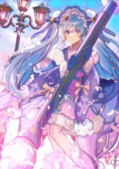  1girl absurdres aqua_hair blue_bonnet blue_eyes blue_gloves bonnet bow closed_mouth commentary_request curly_hair dress feet_out_of_frame fur-trimmed_sleeves fur_trim giant_brush gloves gradient_legwear hair_between_eyes hair_bow hair_ornament half_gloves hatsune_miku highres holding holding_brush holding_paintbrush japanese_clothes kimono kleinlight lamppost layered_dress long_hair long_sleeves looking_at_viewer multicolored_hair official_alternate_costume official_alternate_hairstyle open_mouth paintbrush pink_bow pink_hair pink_thighhighs pom_pom_(clothes) pom_pom_hair_ornament short_dress short_kimono snowflake_print snowflakes solo streaked_hair thighhighs twintails two-tone_hair very_long_hair vocaloid wide_sleeves yuki_miku yuki_miku_(2023) zettai_ryouiki 