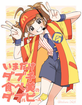  1girl ahoge bandaid bandaid_on_knee bandaid_on_leg black_eyes blue_necktie blunt_bangs brown_hair character_name collared_shirt commentary double_v feet_out_of_frame grin hands_up headset highres imadake_dabuchi_tabemi jacket leaning_to_the_side mcdonald's necktie omaru_gyuunyuu shirt shirt_tucked_in short_sleeves shorts smile solo striped_clothes striped_shirt twintails twitter_username untranslatable_commentary v visor_cap white_shirt wrist_cuffs yellow_jacket 