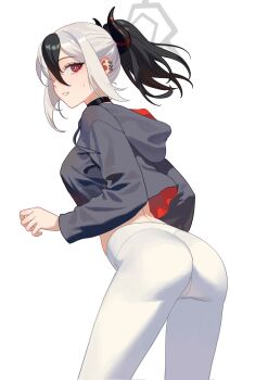  1girl alternate_costume ass black_choker black_hair black_horns black_sweater blue_archive breasts choker commentary_request demon_girl demon_horns grey_halo halo highres hongcasso hood hooded_sweater horns kayoko_(blue_archive) korean_commentary looking_at_viewer multicolored_hair pants ponytail short_hair simple_background small_breasts solo sweater two-tone_hair white_background white_hair white_pants yoga_pants 