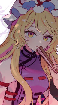  1girl blonde_hair breasts closed_mouth commentary dress folded_fan folding_fan hand_fan hat hat_ribbon holding holding_fan long_hair long_sleeves looking_at_viewer medium_breasts mob_cap mozukuzu_(manukedori) purple_tabard red_ribbon ribbon smile solo tabard touhou untranslatable_commentary white_dress white_hat yakumo_yukari yellow_eyes 