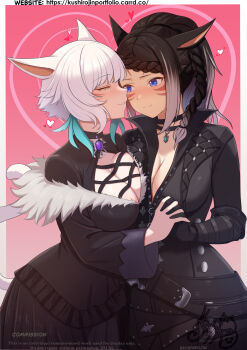  2girls animal_ears belt black_choker black_dress black_gloves black_jacket blue_eyes braid breasts brooch cat_ears choker cleavage closed_mouth commentary commission dress earrings facial_mark feather_earrings feathers final_fantasy final_fantasy_xiv gloves heart highres holding_hands interlocked_fingers jacket jewelry kushiro_jin large_breasts miqo'te multiple_girls parted_lips ponytail smile warrior_of_light_(ff14) whisker_markings white_hair y'shtola_rhul yuri 