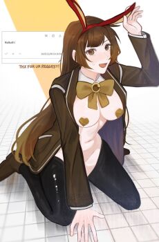  1girl animal_ears arm_up black_thighhighs boots bow bowtie brown_boots brown_bow brown_bowtie brown_eyes brown_hair brown_jacket fake_animal_ears heart_pasties highres jacket lapels library_of_ruina long_hair looking_at_viewer malkuth_(project_moon) notched_lapels open_mouth pasties project_moon rabbit_ears request_inset reverse_bunnysuit reverse_outfit rinne_(poyonpoyon_o0) sitting smile solo thighhighs very_long_hair wariza 