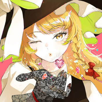  1girl black_hat black_vest blonde_hair blowing_kiss bow braid close-up commentary_request fingernails fishnet_gloves fishnets gem gloves hair_bow hat hat_bow heart-shaped_gem highres kirisame_marisa konruri_blue lipgloss long_hair one_eye_closed puffy_short_sleeves puffy_sleeves red_bow short_sleeves side_braid simple_background single_braid solo sparkle touhou vest white_bow witch_hat yellow_eyes 