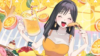  1girl bead_necklace beads black_hair breasts closed_eyes commentary_request cup donut drinking_straw dutch_angle earrings eclair_(food) food food_on_face fork fruit highres holding holding_cup holding_fork jewelry juice large_breasts mini_flag necklace omelet omurice open_mouth orange_(fruit) orange_juice orange_slice original pudding shrimp shrimp_tempura sleeveless sleeveless_turtleneck smile solo soyaka sparkle tempura turtleneck upper_body 