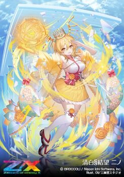  1girl artist_name blonde_hair breasts copyright_logo copyright_name copyright_notice crown detached_sleeves energy_ball glass_shards gold_horns hair_between_eyes large_breasts logo looking_at_viewer medium_hair nino_(z/x) nontraditional_miko official_art okobo oli_o_o open_mouth platform_sandals salute sandals solo thighhighs white_thighhighs yellow_aura yellow_eyes z/x 