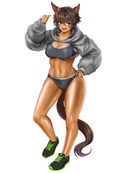  1girl ahoge alternate_breast_size_(larger) animal_ears arm_up bitter_glasse_(umamusume) black_bra black_panties blush bra breasts brown_eyes brown_hair cleavage commentary_request contrapposto dark-skinned_female dark_skin ear_ornament eyebrows_hidden_by_hair full_body grey_background grey_shrug hair_between_eyes hakase_yurisuki hand_on_own_hip highres hood hood_down hooded_shrug horse_ears horse_girl horse_tail large_breasts long_sleeves looking_at_viewer navel no_pants open_mouth panties puffy_long_sleeves puffy_sleeves scar scar_on_leg shiny_skin shoes short_hair_with_long_locks shrug_(clothing) simple_background smile sneakers solo sports_bra sports_panties standing stomach tail toned toned_female umamusume underwear 