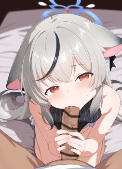  1boy 1girl animal_ears annrichan bed black_bow black_dress blue_archive blue_halo bow censored cheek_bulge china_dress chinese_clothes dress fellatio from_above grey_hair hair_bow halo handjob highres jacket kokona_(blue_archive) loli multicolored_hair oral orange_eyes penis skirt streaked_hair striped_clothes striped_dress striped_jacket tiger_ears tiger_girl vertical-striped_clothes vertical-striped_dress vertical-striped_jacket white_skirt  rating:Explicit score:41 user:CunnyInc