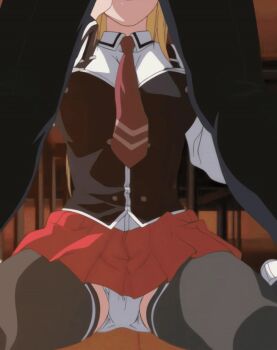  00s 1boy 1girl 2006 animated animated_gif anime_screenshot ass bible_black bible_black_only blonde_hair bouncing_breasts bow bowtie breasts classroom desk fellatio hetero kneeling large_breasts legs_apart miniskirt oral panties pantyshot penis penis_grab red_skirt saeki_kaori school school_uniform skirt stitched tagme third-party_edit uncensored underwear upskirt white_panties 