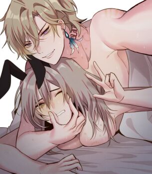  1boy 1girl absurdres animal_ears aventurine_(honkai:_star_rail) bite_mark blanket blonde_hair blue_eyes breasts crossed_bangs earrings fake_animal_ears fingernails grey_hair hair_between_eyes hand_on_another's_face hand_up hetero hickey highres honkai:_star_rail honkai_(series) implied_sex jewelry large_breasts long_hair looking_at_viewer lying lying_on_person multicolored_eyes neck_tattoo on_bed on_stomach one_eye_closed purple_eyes puyurin rabbit_ears short_hair simple_background single_earring smile stelle_(honkai:_star_rail) tattoo teeth trailblazer_(honkai:_star_rail) v v-shaped_eyebrows white_background yellow_eyes  rating:Questionable score:14 user:danbooru