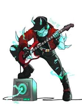  1boy 2025 animification ankle_boots artist_name baseball_cap belt black_boots black_gloves black_hat black_pants black_shirt blue_horns blue_skin boots character_name closed_mouth collarbone collared_jacket colored_skin commentary denim dj_booth_(ghost)_(tower_defense_simulator) dj_booth_(tower_defense_simulator) dress english_commentary fingerless_gloves fingernails from_above full_body gloves green-tinted_eyewear guitar hat headphones highres holding holding_guitar holding_instrument horns instrument jacket jeans knee_up lace-up_boots long_sleeves male_focus midriff_peek muscular muscular_male music navel no_nose official_alternate_costume official_alternate_skin_color open_clothes open_jacket oynrix pants playing_instrument puffy_long_sleeves puffy_sleeves red_belt red_jacket roblox shirt simple_background single_bare_arm single_bare_shoulder smile solo sparkle speaker spiked_gloves standing tinted_eyewear torn_clothes torn_jacket torn_jeans torn_pants tower_defense_simulator wavy_mouth white_background zipper_dress zipper_pull_tab 