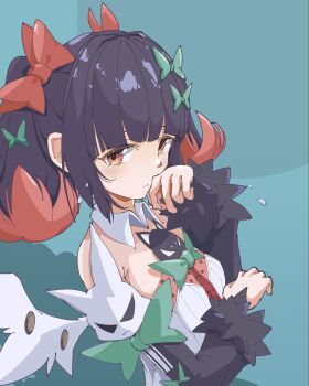  atorii_art black_hair blunt_bangs bow bowtie commentary_request dress hair_bow highres multicolored_hair nangong_yu red_eyes short_hair wings zenless_zone_zero 