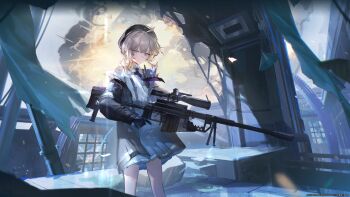  1girl absurdres ahoge anti-materiel_rifle beret black_gloves black_hat black_necktie black_skirt bolt_action brown_jacket chest_strap cheyanne_(girls'_frontline_2) cheytac_m200 chinese_commentary collared_shirt commentary_request copyright_notice explosion feet_out_of_frame girls'_frontline girls'_frontline_2:_exilium gloves grey_hair gun hair_over_shoulder hat highres holding holding_gun holding_weapon jacket long_hair long_sleeves looking_at_viewer low_ponytail m200_(girls'_frontline) magazine_(weapon) necktie official_art official_wallpaper open_clothes open_jacket outdoors pleated_skirt ponytail purple_eyes rifle scope shirt sidelocks single_off_shoulder skirt sniper_rifle solo standing walkie-talkie weapon white_shirt 