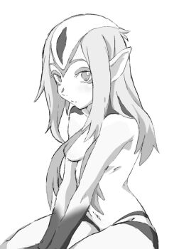  1girl ao_no_roku-gou breasts closed_mouth facial_mark forehead_mark greyscale long_hair looking_at_viewer monochrome monster_girl mutio nakamura_hayate navel nude pointy_ears simple_background solo white_background 
