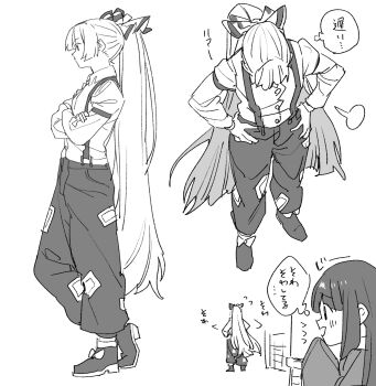  2girls boots bow collared_shirt commentary_request crossed_arms flying_sweatdrops fujiwara_no_mokou greyscale hands_on_own_hips highres houraisan_kaguya long_hair long_sleeves mero_(starfish_jcs) monochrome multiple_girls ofuda ofuda_on_clothes pants ponytail shirt smile speech_bubble suspenders thought_bubble touhou translation_request very_long_hair 