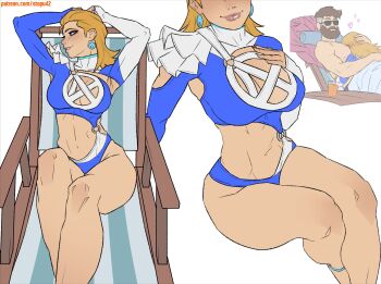  1boy 1girl anklet arms_behind_head beard blonde_hair blue_eyes blue_one-piece_swimsuit blush_visible_through_hair breasts brown_hair chair cleavage_cutout clothing_cutout couple covered_collarbone earrings elbow_gloves eyelashes facial_hair fantastic_four feet_out_of_frame fingerless_gloves frills full_beard gloves hair_slicked_back hand_on_another's_head hand_on_own_chest heart highres hug invisible_chair jewelry knee_up large_breasts lips long_hair looking_to_the_side lounge_chair marvel marvel_rivals midriff multiple_views nose o-ring o-ring_swimsuit one-piece_swimsuit parted_lips patreon_username reed_richards shadow short_hair simple_background single_glove sitting smile stopu sue_storm sue_storm_(azure_shade) sunglasses swimsuit toned toned_male upper_body white_background 