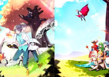  aqua_hair armor blonde_hair book breasts brown_hair cape character_request circlet closed_mouth cygnus_(maplestory) ejami fire green_hair hat hawkeye_(maplestory) highres irena_(maplestory) long_hair magic maplestory mihile_(maplestory) mountain multiple_boys multiple_girls neinheart_(maplestory) open_mouth oz_(maplestory) pirate_hat red_cape short_hair sky staff tree witch bracelet 