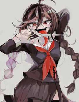  1girl ahoge arm_behind_head black_serafuku black_shirt blush braid breasts brown_hair chinju-san collared_shirt commentary_request danganronpa:_trigger_happy_havoc danganronpa_(series) danganronpa_another_episode:_ultra_despair_girls fangs fukawa_toko genocider_shou glasses grey_background hair_between_eyes hair_ornament hairclip holding holding_scissors holding_weapon long_hair long_sleeves long_tongue mole mole_under_mouth neckerchief open_mouth red_eyes red_neckerchief round_eyewear sailor_collar school_uniform scissors serafuku shirt simple_background smile solo teeth tongue tongue_out torn_clothes torn_neckerchief twin_braids twintails upper_teeth_only weapon white_sailor_collar 