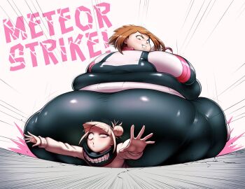  2girls absurdres ass belt better-with-salt blonde_hair bodysuit boku_no_hero_academia breasts brown_eyes brown_hair buttcrush crushing fat fat_woman hair_buns highres hip_attack huge_ass huge_breasts looking_back looking_down mask multiple_girls obese obese_female short_hair thick_thighs thighs toga_himiko uraraka_ochako uraraka_ochako_(hero_outfit)  rating:Sensitive score:9 user:Ryan37352