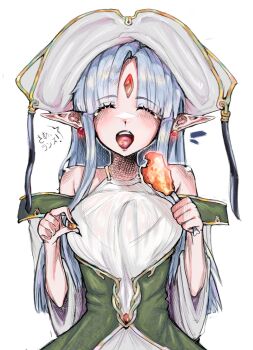  1girl blue_hair dress earrings eating forehead_jewel hat highres jewelry kalar_(race) long_hair pastel_kalar pointy_ears rance_(series) sleeveless sleeveless_dress solo white_background  rating:General score:0 user:ShitCakes