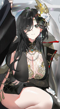  1girl absurdres black_dress black_eyes black_hair breasts chinese_commentary cleavage closed_mouth coat coat_on_shoulders commentary_request dress earrings epaulettes evening_gown fishnet_top fishnets floral_print floral_print_dress general_liu_(beauty_in_the_east)_(girls'_frontline) general_liu_(girls'_frontline) girls'_frontline girls'_frontline_2:_exilium hair_between_eyes highres jewelry large_breasts liushih_(girls'_frontline_2) long_hair looking_at_viewer mole mole_under_eye necklace official_alternate_costume on_one_knee pearl_necklace pelvic_curtain print_dress sidelocks smile solo square_neckline very_long_hair yushe_quetzalli 