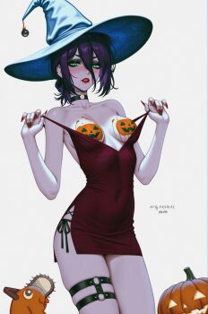  1girl ai-assisted artist_name black_choker black_eyeshadow blue_hat breasts chainsaw_man choker clothes_pull dress dress_pull eyeshadow green_eyes hair_between_eyes hair_bun halloween hat highres jack-o'-lantern makeup prixmal pulling_own_clothes purple_hair red_dress red_nails reze_(chainsaw_man) short_dress slit_pupils small_breasts thigh_strap witch_hat 