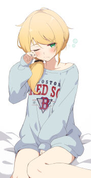  1girl blonde_hair blush boston_red_sox chahanramen closed_mouth clothes_writing commentary_request ellen_baker green_eyes grey_shirt hand_up highres long_hair long_sleeves low-tied_long_hair new_horizon one_eye_closed oversized_clothes oversized_shirt puffy_long_sleeves puffy_sleeves rubbing_eyes shirt simple_background solo squeans thighs waking_up white_background 