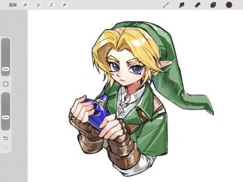  1boy art_program_in_frame blonde_hair blue_eyes brown_gloves closed_mouth eyelashes fingerless_gloves gloves green_hat gucandiyi52092 hat highres holding holding_instrument holding_ocarina instrument link looking_at_viewer male_focus nintendo ocarina solo the_legend_of_zelda the_legend_of_zelda:_ocarina_of_time thick_eyebrows upper_body 