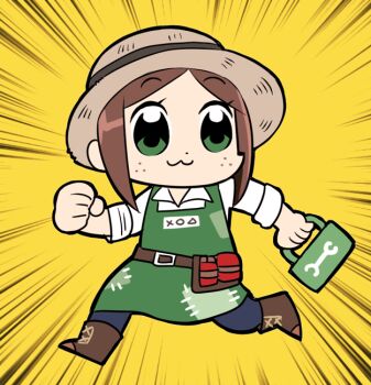  1girl 50yen_(gojiue) :3 apron big_head bkub_(style) boots brown_boots brown_hair chibi chibi_only emma_woods freckles full_body green_apron green_eyes hat identity_v looking_back raised_eyebrows running shirt solo straw_hat white_shirt 
