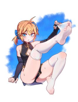  1boy ahoge bare_shoulders black_dress black_gloves black_panties blue_background blue_eyes blue_hair blue_nails borrowed_character china_dress chinese_clothes cleavage_cutout clothing_cutout difman dress earrings feet fingerless_gloves foot_up full_body gloves highres jewelry male_focus multicolored_hair nail_polish no_shoes orange_hair original panties sitting soles solo streaked_hair thighhighs toes trap two-tone_background underwear white_background white_thighhighs  rating:Sensitive score:166 user:danbooru