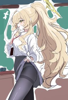  1girl absurdres black_pantyhose blonde_hair blue_archive blush board_eraser chalkboard clothes_lift collared_shirt from_side green_eyes halo hand_to_own_mouth high-waist_skirt highres lanyard lifting_own_clothes long_hair long_sidelocks long_sleeves looking_at_viewer looking_to_the_side panties panties_under_pantyhose pantyhose ponytail professor_niyaniya_(blue_archive) professor_niyaniya_(teacher)_(blue_archive) profile sak_(lemondisk) shirt sidelocks sketch skirt skirt_lift solo thighband_pantyhose underwear very_long_hair white_shirt wide_ponytail 