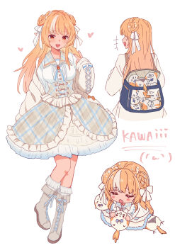  +_+ 1girl :d animal backpack bag bird blush blush_stickers boots braid breasts brown_hair chibi closed_eyes collared_shirt double_bun drooling fold-over_boots grey_boots grey_skirt hair_bun heart high-waist_skirt highres hololive long_hair medium_breasts mouth_drool multicolored_hair multiple_views open_mouth plaid_clothes plaid_skirt red_eyes romaji_text sasaki_(glass1138) shiranui_flare shiranui_flare_(8th_costume) shirt simple_background skirt smile socks streaked_hair teeth translation_request transparent upper_teeth_only very_long_hair virtual_youtuber white_background white_hair white_shirt white_socks 