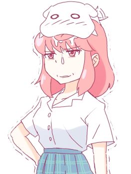  1girl animal annoyed arm_at_side blue_skirt blush collarbone collared_shirt crossover dog floppy_ears forced_smile hair_down jakuzure_nonon kareshi_kanojo_no_jijou kill_la_kill medium_hair o_o pero_pero pink_eyes pink_hair plaid_clothes plaid_skirt pleated_skirt saliva school_uniform shintani_mayumi shirt short_sleeves skirt snorc squinting tail tail_wagging tongue tongue_out trembling voice_actor_connection white_shirt 