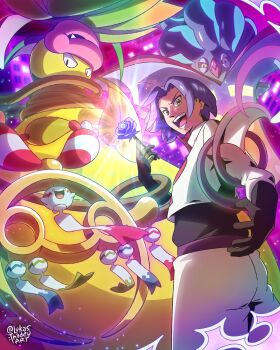  1boy absurdres beak black_gloves black_sclera blue_hair chimecho closed_mouth colored_sclera colored_skin commentary english_commentary fangs flower gen_1_pokemon gen_3_pokemon gen_6_pokemon gloves green_eyes highres holding holding_flower james_(pokemon) leaf lukas_thadeu malamar mega_chimecho mega_malamar mega_pokemon mega_stone mega_victreebel nintendo open_mouth pants pink_lips plant pokemon pokemon_(anime) pokemon_(classic_anime) pokemon_(creature) pokemon_legends:_z-a shirt smile squid team_rocket team_rocket_uniform teeth tentacles victreebel vines white_pants white_shirt wind_chime yellow_eyes yellow_sclera yellow_skin 