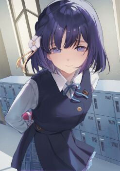  1girl absurdres arms_behind_back black_overskirt black_vest blue_ribbon blue_skirt box breasts closed_mouth collared_shirt commentary_request flower gakuen_idolmaster gift gift_box hair_flower hair_ornament hataya_misuzu hatsuboshi_gakuen_school_uniform highres holding holding_box idolmaster indoors leaning_forward locker looking_at_viewer mole mole_under_mouth nagi_(pickles_pipipi) neck_ribbon pleated_skirt purple_eyes purple_hair ribbon school_emblem school_uniform shirt short_hair skirt small_breasts smile solo standing upper_body vest white_flower white_shirt window 