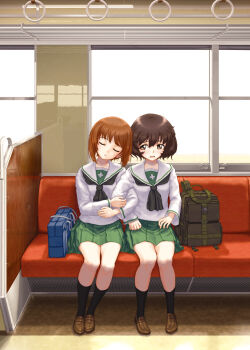  2girls absurdres akiyama_yukari blush brown_eyes brown_hair closed_eyes girls_und_panzer highres holding_another's_arm huge_filesize looking_to_the_side messy_hair multiple_girls nishizumi_miho ooarai_school_uniform open_mouth pleated_skirt school_uniform serafuku short_hair sitting skirt sleeping train_interior user_zarw3833 yuri  rating:Sensitive score:5 user:danbooru