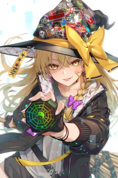  1girl adapted_costume bad_apple!! bagua bandaid bandaid_on_cheek bandaid_on_face batman_(series) batman_symbol black_jacket black_shorts blonde_hair bow brand_name_imitation choker collarbone commentary_request contemporary dc_comics fingerless_gloves ghostbusters gloves greenkohgen hakurei_reimu hat hat_bow heart highres holding i_heart... jacket jojo_no_kimyou_na_bouken kfc kirisame_marisa logo_parody long_hair mario_(series) mini-hakkero monster_energy nintendo pepsi playboy point_item_(touhou) power_item_(touhou) shirt shorts side_ponytail simple_background solo super_mushroom super_smash_bros. super_smash_bros._logo supreme_(brand) tongue tongue_out touhou trigram twitter twitter_logo white_background white_shirt witch witch_hat wryyyyyyyyyyyyyyyyyyyy yellow_bow yellow_eyes youtube youtube_logo yukkuri_shiteitte_ne zun 