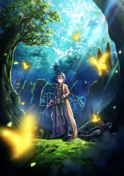  00s 108tooya 1girl bad_id belt belt_pouch black_hair boots bug building butterfly coat female_focus forest glowing glowing_butterfly grass gun hair_between_eyes handgun highres holding holding_gun holding_weapon insect kino_(kino_no_tabi) kino_no_tabi lace-up_boots ladder long_coat long_sleeves motion_blur motor_vehicle motorcycle nature no_headwear outdoors pants pouch short_hair solo standing sunlight tree vehicle weapon 