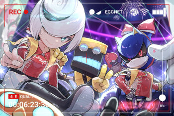  1girl aerial_fireworks artist_name black_boots blue_eyes blue_hair bodysuit boots camera cape capelet car colored_extremities colored_inner_hair colored_skin commentary commentary_request cubot double_v dr._eggman fireworks glowing glowing_eyes glowing_mouth hair_ribbon hand_on_another's_shoulder hatsune_miku hatsune_miku_(sonic_style) head_on_hand holding holding_camera insignia leaning_back leaning_to_the_side loli metal_sonic metal_wrist_cuffs military_rank_insignia motor_vehicle multicolored_hair myuutau_tadakichi night orbot race_queen race_vehicle racecar recording ribbon sage_(sonic) signature sitting sitting_on_object skirt sonic_(series) sonic_frontiers sonic_racing:_crossworlds sweat sweatdrop twitter_username v video_camera viewfinder volume_symbol white_hair white_skin white_skirt wi-fi_symbol yellow_cape 