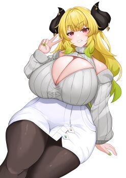 1girl absurdres arm_support black_pantyhose blonde_hair blunt_bangs breasts cleavage cleavage_cutout clothing_cutout commentary_request curvy detached_sleeves gradient_hair green_hair green_nails grey_sweater grin highres horns huge_breasts indie_virtual_youtuber long_hair long_sleeves looking_at_viewer multicolored_hair pantyhose red_eyes ribbed_sweater satoyama_meu sidelocks simple_background sitting skirt smile solo sweater two-tone_hair v virtual_youtuber white_background white_skirt  rating:Sensitive score:8 user:danbooru