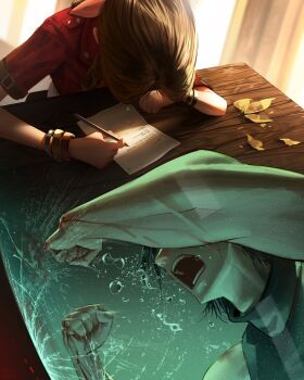 1boy 1girl aerith_gainsborough air_bubble black_hair blood_on_hands bracelet brown_hair bubble commentary crack cracked_glass crisis_core:_final_fantasy_vii cross_scar crying english_commentary facial_scar final_fantasy final_fantasy_vii flower hair_ribbon highres holding holding_pen in_container jacket jewelry letter long_hair open_mouth pen pink_ribbon red_jacket ribbon safaia scar scar_on_cheek scar_on_face sleeveless sleeveless_turtleneck sweater table tears test_tube tube turtleneck turtleneck_sweater water writing yellow_flower zack_fair