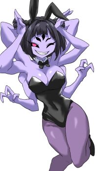  1girl animal_ears arthropod_girl bare_shoulders black_bow black_bowtie black_hair black_leotard black_sclera black_shoes blunt_bangs bow bowtie breasts cleavage colored_sclera colored_skin commentary_request covered_navel detached_collar extra_arms extra_eyes fake_animal_ears fangs high_heels highres insect_girl leotard medium_breasts medium_hair muffet nasu_(ilo_a5) one_eye_closed pantyhose pink_eyes playboy_bunny purple_pantyhose purple_skin rabbit_ears shoes simple_background spider_girl torn_clothes torn_pantyhose undertale utdr_(toby_fox) white_background 