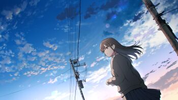  1girl absurdres anyotete black_eyes black_hair black_jacket black_skirt blazer blue_sky closed_mouth cloud commentary_request evening floating_hair highres jacket lens long_hair long_sleeves original outdoors power_lines scenery school_uniform shirt sidelocks skirt sky standing utility_pole white_shirt 