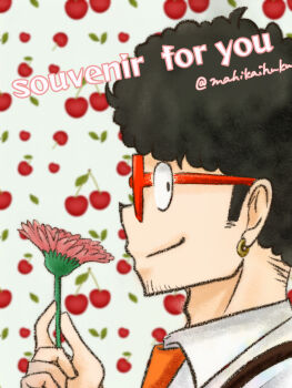  1boy afro beard_stubble black_hair cherry_background collared_shirt commentary commentary_request earrings english_commentary english_text facial_hair flower franky_franklin from_side fruit_background gold_earrings highres holding holding_flower jewelry looking_at_viewer mahikaihuku male_focus necktie pink_flower portrait profile red-framed_eyewear red_necktie shirt sideways_glance solo spy_x_family stubble twitter_username white_shirt 