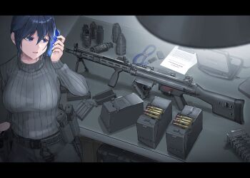 1girl absurdres assault_rifle belt black_sweater blue_eyes blue_hair breasts bullet cellphone commentary_request computer cs_gas_grenade cts_flash-bang-9 d-sawa613 explosive grenade gun hand_grenade highres holding holding_phone indoors laptop large_breasts less-than-lethal_weapon open_mouth original pants paper phone rifle short_hair solo standing stun_grenade sweater table tear_gas turtleneck weapon weapon_request