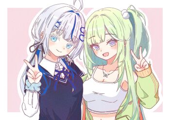  2girls absurdres ahoge aokumo_rin aqua_eyes aqua_scrunchie black_sweater blush border breasts camisole chaeeunhan124 closed_mouth collared_shirt commentary_request crop_top green_hair green_jacket grey_hair hair_ornament highres indoors jacket korean_commentary large_breasts looking_at_viewer multicolored_eyes multicolored_hair multiple_girls neck_ribbon off_shoulder one_side_up outline outside_border pink_background polka_dot polka_dot_scrunchie pom_pom_(clothes) pom_pom_hair_ornament ponytail purple_eyes ribbon scrunchie shirt smile spaghetti_strap stellive streaked_hair sweater two-tone_eyes v v-neck virtual_youtuber white_border white_camisole white_outline white_shirt wing_collar wispy_bangs wrist_scrunchie yuzuha_riko 